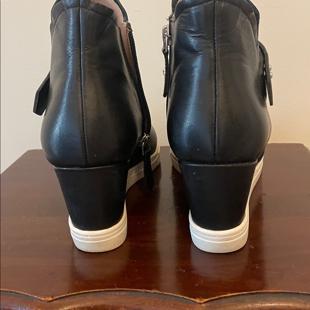 L. Paola Black Leather Wedge Ankle Boots - Picture 5 of 9
